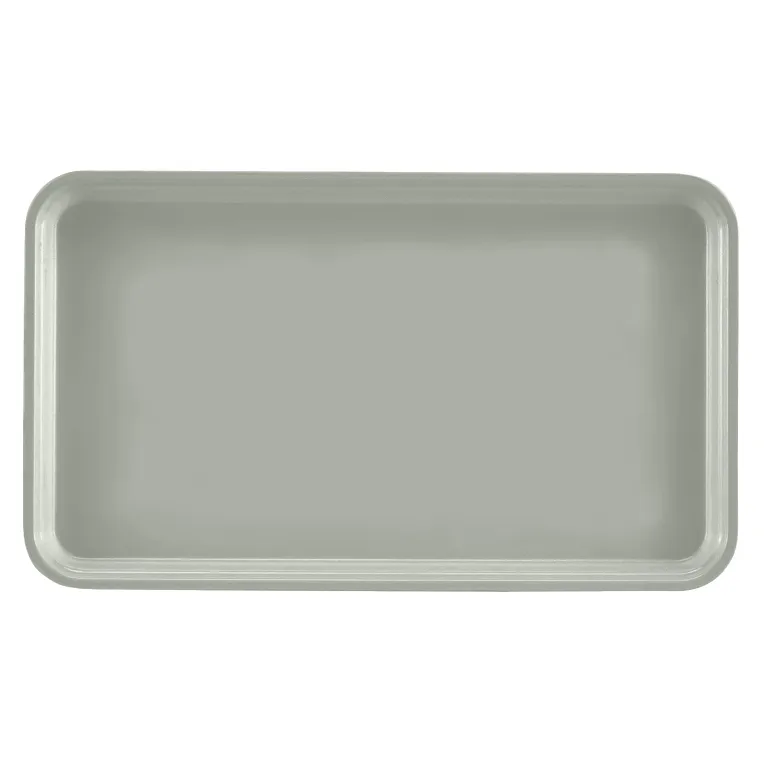A rectangular, shallow Camtray in light gray high-impact fiberglass, with rounded corners and slightly raised edges, shown from above on a plain white background. This durable, dishwasher safe tray is ideal for everyday use.