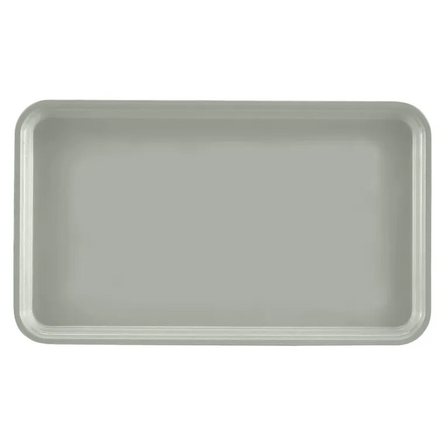 A plain, rectangular, light gray Camtray with raised edges and rounded corners is shown on a white background. Made of high-impact fiberglass, this dishwasher safe tray features a smooth, glossy finish.