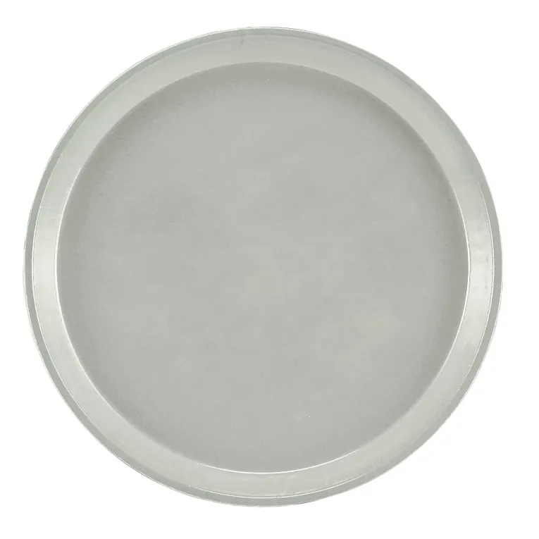 A round, flat, silver metal tray with a smooth surface and a slightly raised edge, photographed from above against a plain white background. This minimalist NSF serving camtray appears empty and reflective, ideal for modern food presentation.