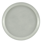 A round, flat, silver metal tray with a smooth surface and a slightly raised edge, photographed from above against a plain white background. This minimalist NSF serving camtray appears empty and reflective, ideal for modern food presentation.