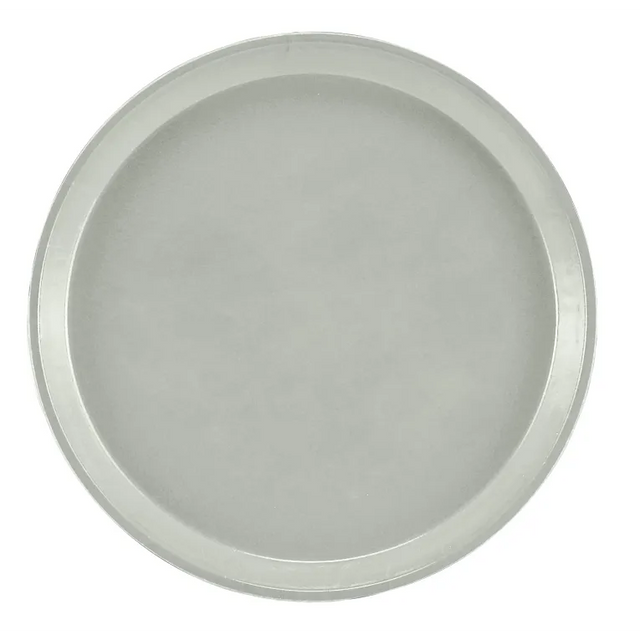 A round, flat, silver metal tray with a smooth surface and a slightly raised edge, photographed from above against a plain white background. This minimalist NSF serving camtray appears empty and reflective, ideal for modern food presentation.