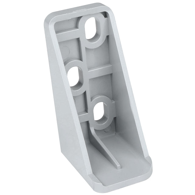 A gray, L-shaped metal door hinge bracket with four circular holes for mounting—two on the vertical face and two on the angled base. Empura Refrigeration parts like this feature ridged reinforcement lines for added strength and smooth, rounded edges.