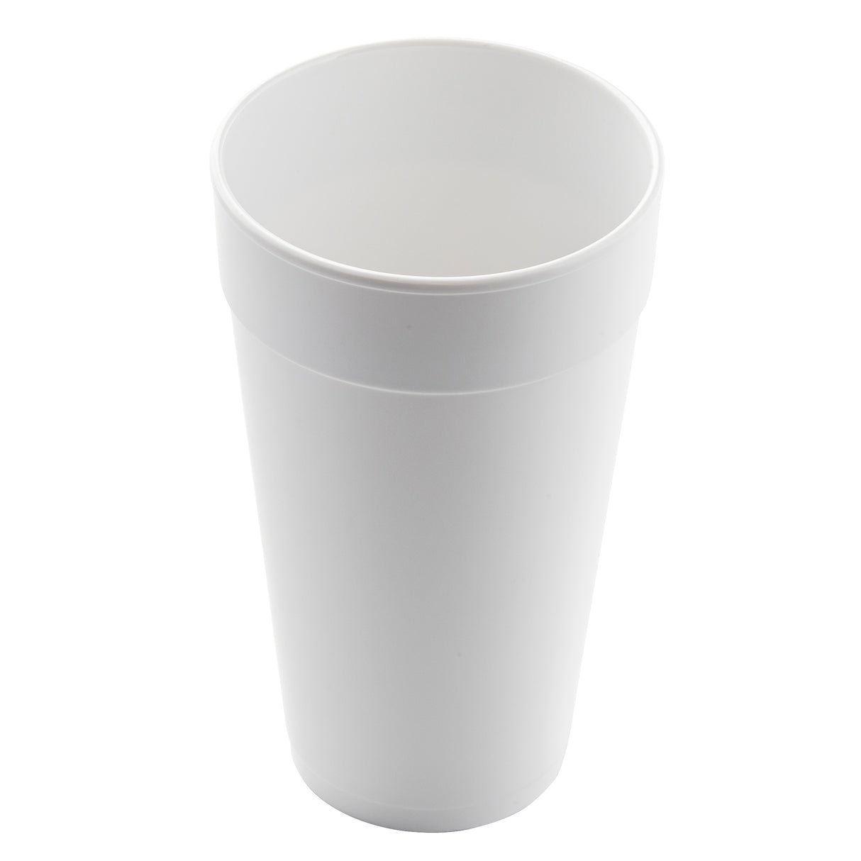 A plain, white, cylindrical 20 oz. cup is shown standing upright against a white background. The cup is empty, with a smooth surface and a slightly wider rim at the top. The lighting is even, creating soft shadows around its base.