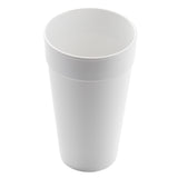 A plain, white, cylindrical 20 oz. cup is shown standing upright against a white background. The cup is empty, with a smooth surface and a slightly wider rim at the top. The lighting is even, creating soft shadows around its base.