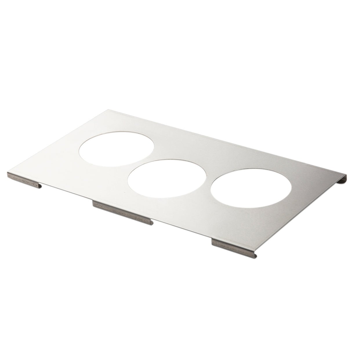 A flat rectangular stainless steel template with three large round cutouts evenly spaced in a row. The sheet has four small bent tabs along the edges, suggesting it is designed to rest on or fit into 1/3 size food pans. The surface is plain and metallic.