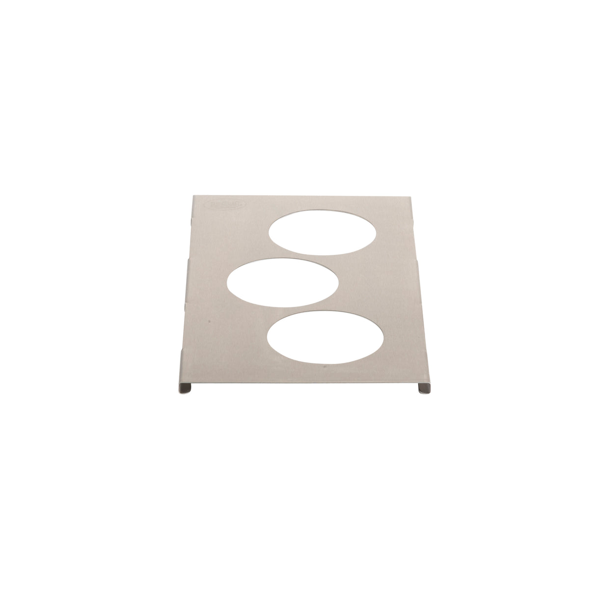 A flat, rectangular stainless steel sheet with three large circular cutouts arranged in a triangular pattern. The edges are smooth, and the matte-finished template is set against a white background with even lighting.