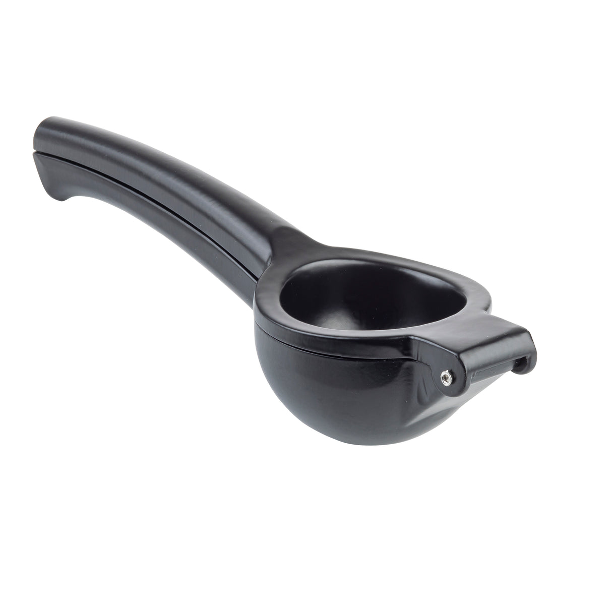 A black TableCraft juicer rests on a white background. Made from coated aluminum alloy, it features two long handles and a rounded, bowl-shaped press for juicing lemons or limes, with a hinge connecting the top and bottom parts.