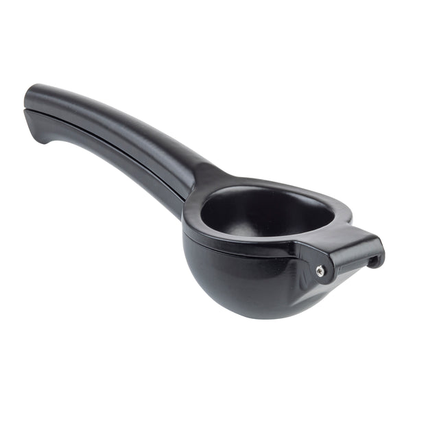 A black TableCraft juicer rests on a white background. Made from coated aluminum alloy, it features two long handles and a rounded, bowl-shaped press for juicing lemons or limes, with a hinge connecting the top and bottom parts.