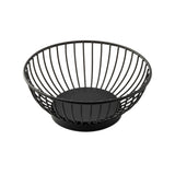 A round, black powder coated steel basket with vertical bars evenly spaced around the sides and a solid flat base, set against a white background. The TableCraft 10820 is empty and ideal for storing or serving items like fruit or bread.