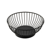 A round, black powder coated steel basket with vertical bars evenly spaced around the sides and a solid flat base, set against a white background. The TableCraft 10820 is empty and ideal for storing or serving items like fruit or bread.