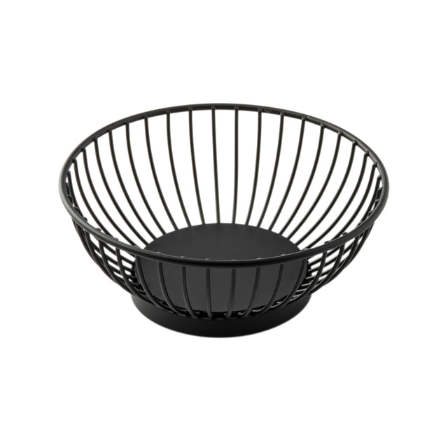A round, black powder coated steel basket with vertical bars evenly spaced around the sides and a solid flat base, set against a white background. The TableCraft 10820 is empty and ideal for storing or serving items like fruit or bread.
