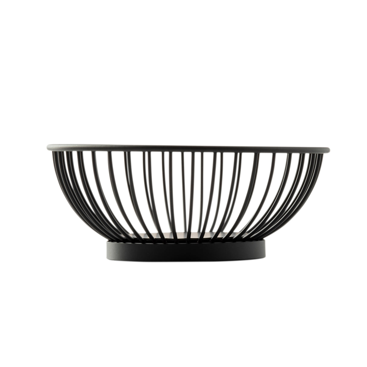 A black, round powder coated steel basket with evenly spaced vertical bars and a solid circular base, photographed against a white background. The empty TableCraft 10820 Parisian Collection Wire Basket has a modern, minimalist design.