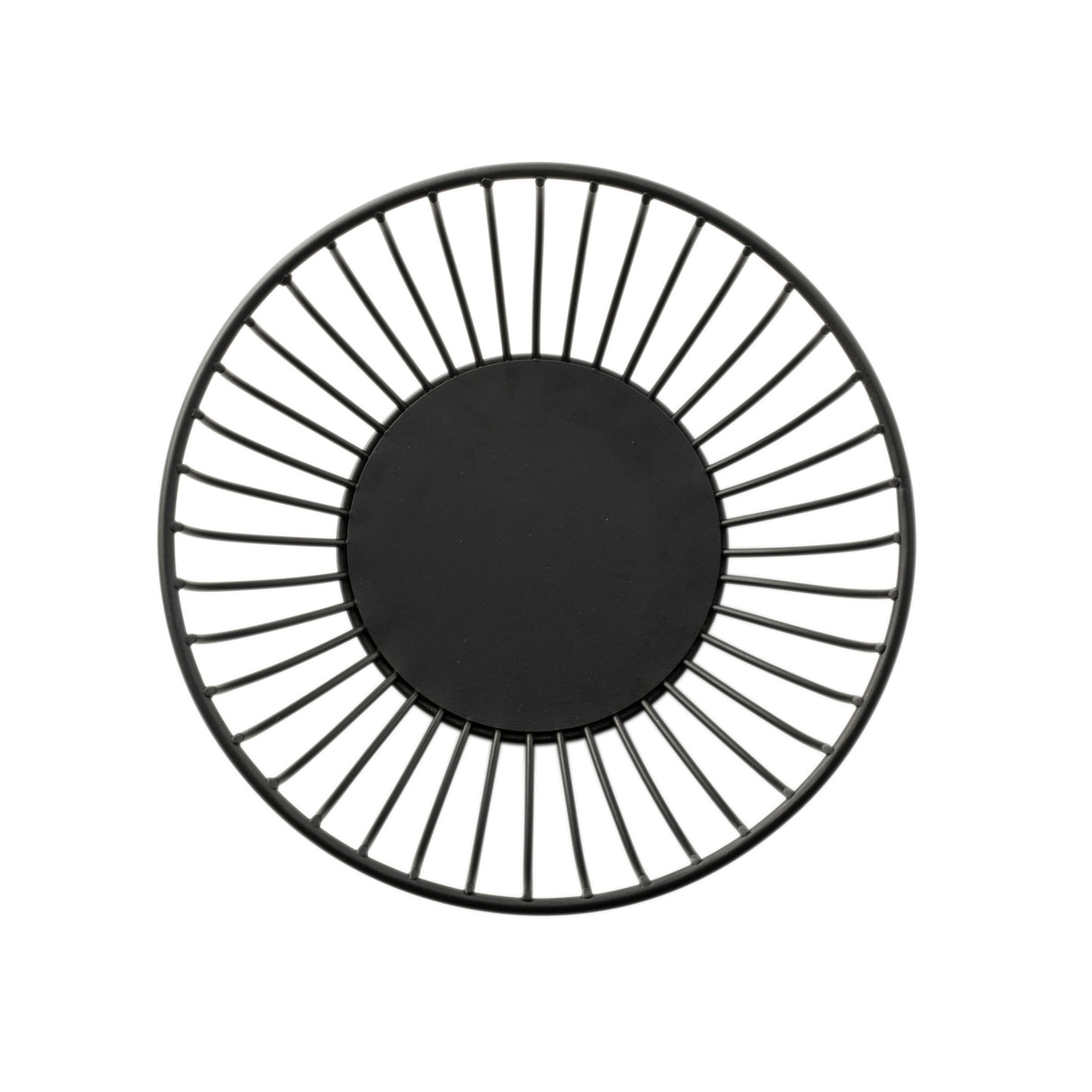 A round black powder coated steel basket viewed from above; it has a solid circular base and evenly spaced vertical bars radiating outward, forming an open, airy design—a stylish piece from the TableCraft 10820 Parisian Collection Wire Basket.