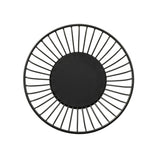 A round black powder coated steel basket viewed from above; it has a solid circular base and evenly spaced vertical bars radiating outward, forming an open, airy design—a stylish piece from the TableCraft 10820 Parisian Collection Wire Basket.