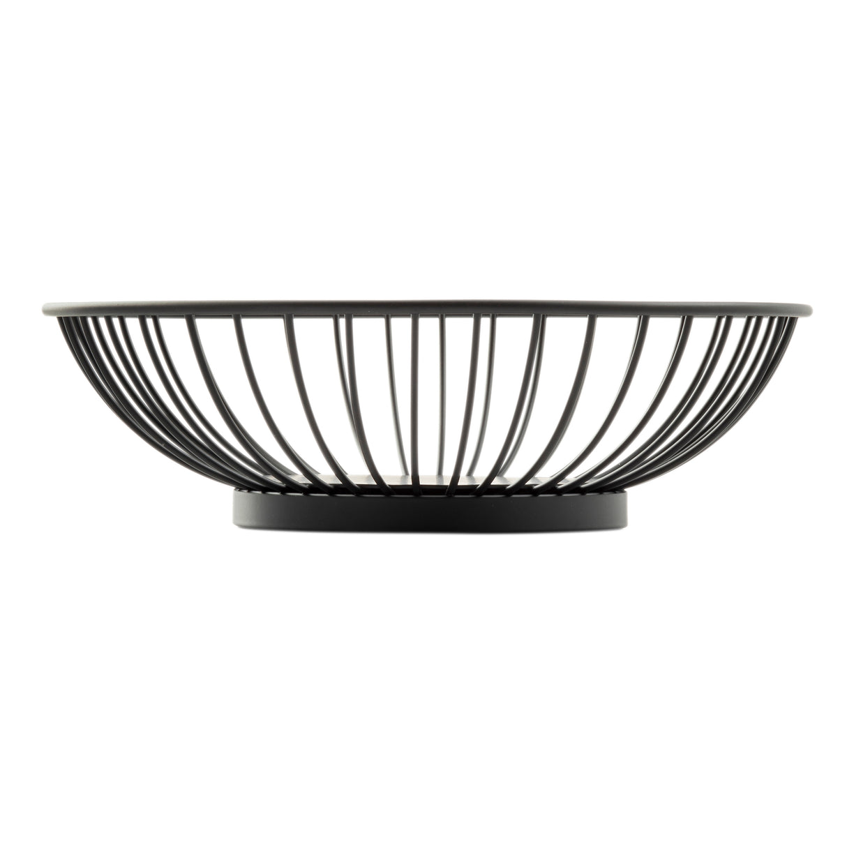 A round, black powder coated steel fruit bowl from the Parisian Collection Wire Basket, featuring an open, airy design with outward-curving wires and a solid circular base. Contents remain visible against the plain white background.