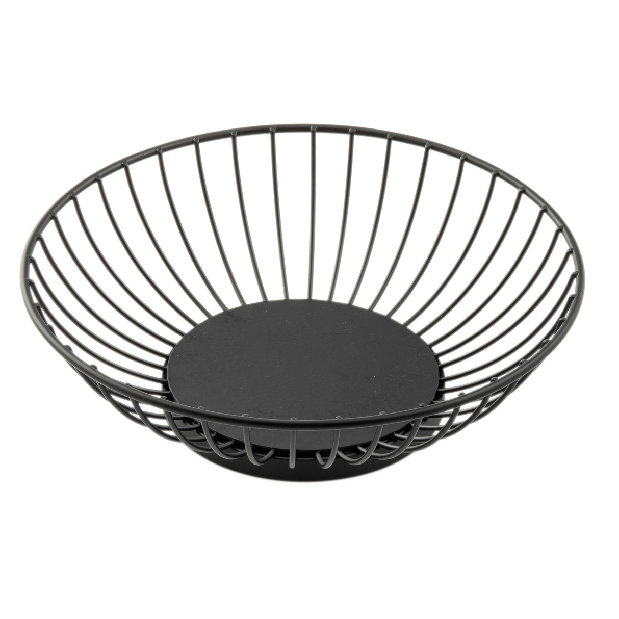 A round, black finish Parisian Collection Wire Basket with evenly spaced vertical bars and a solid flat base. Crafted from powder coated steel, this modern, minimalist basket is empty and set against a plain white background.