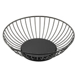 A round, black finish Parisian Collection Wire Basket with evenly spaced vertical bars and a solid flat base. Crafted from powder coated steel, this modern, minimalist basket is empty and set against a plain white background.