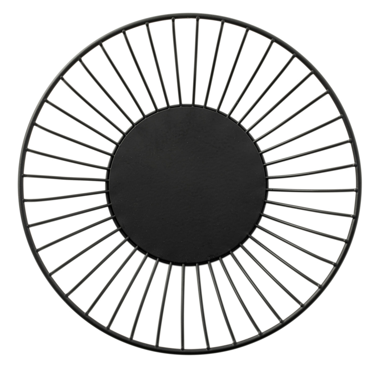 A round, black metal wire basket from the Parisian Collection Wire Basket line, viewed from above. Crafted from powder coated steel, it features a solid circular base and thin spokes forming a sunburst pattern for a minimalist, modern look.