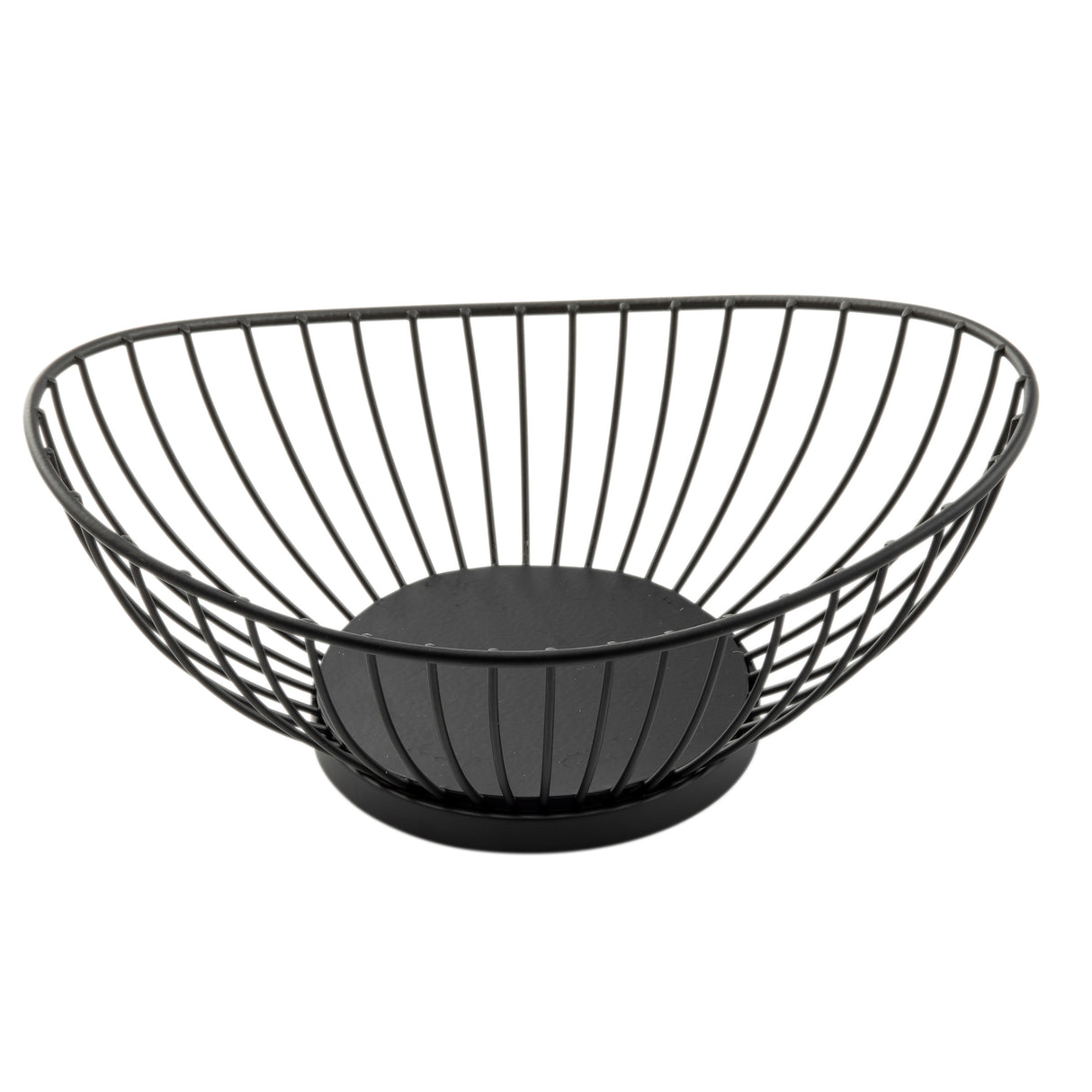 A black wire basket from the Parisian Collection, this oval-shaped fruit holder features an open design with curved metal wires and a solid circular base. Made from powder coated steel, it offers a spacious, modern look on any countertop.