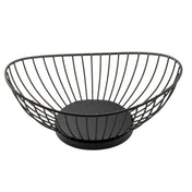 A black wire basket from the Parisian Collection, this oval-shaped fruit holder features an open design with curved metal wires and a solid circular base. Made from powder coated steel, it offers a spacious, modern look on any countertop.