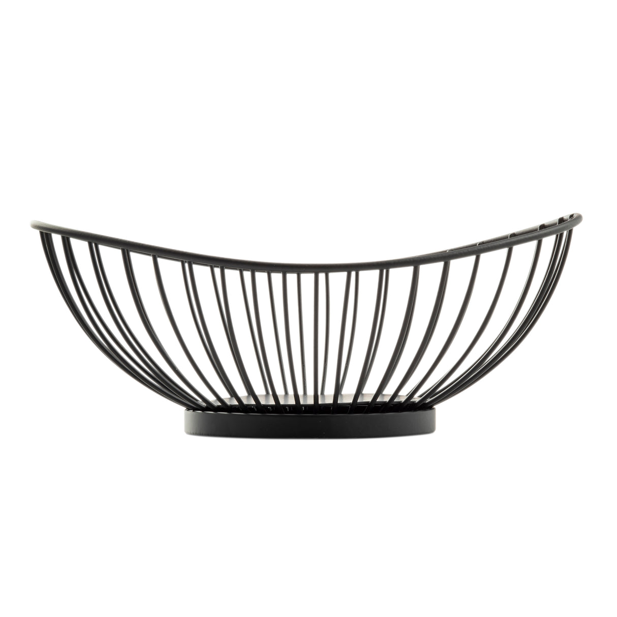 A black wire basket sits on a flat, round base. The semi-circular bowl features evenly spaced vertical bars curving upward and outward, creating an airy and modern design. Part of the Parisian Collection Wire Basket series, it stands out against a plain white background.