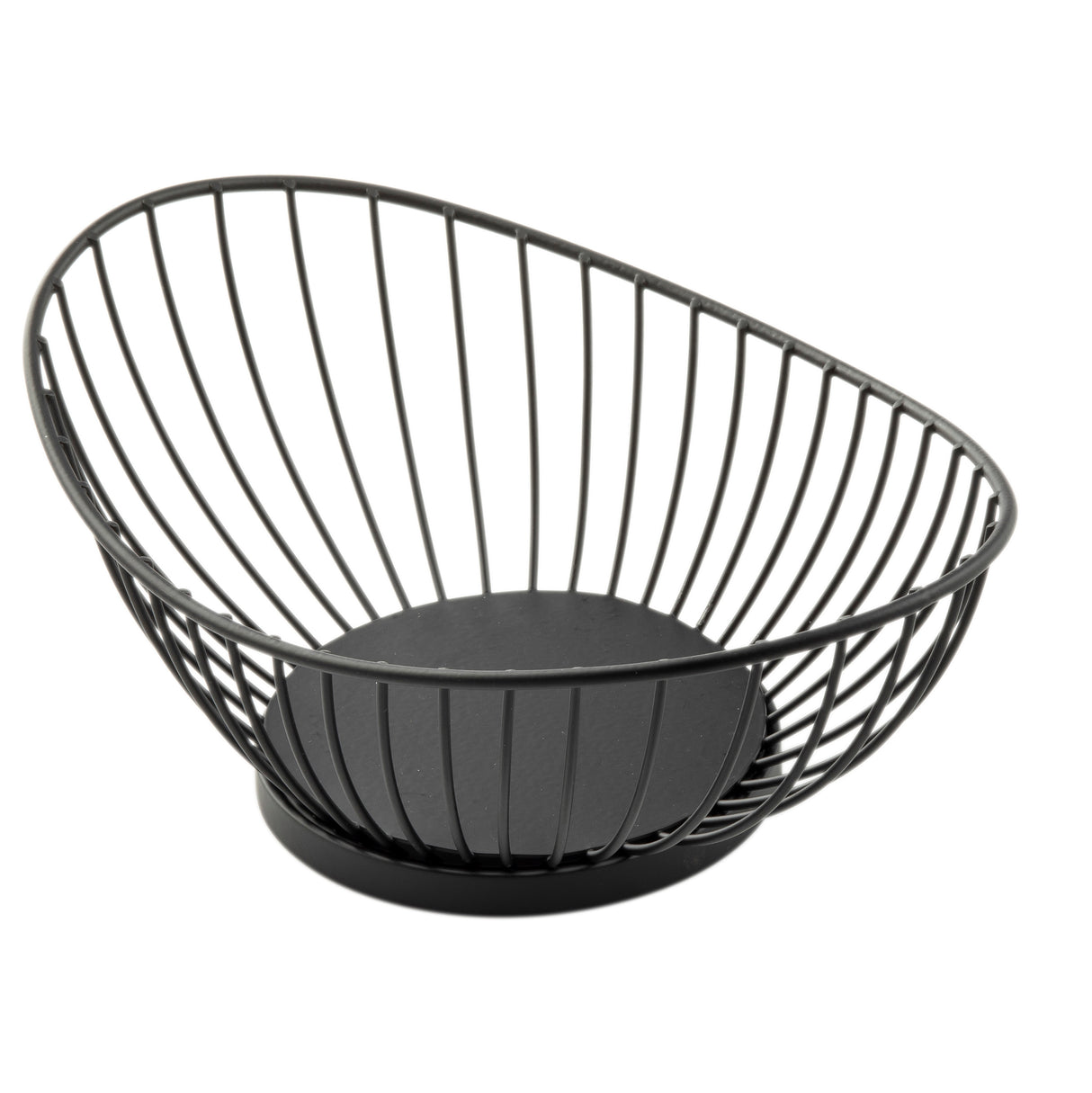 The Parisian Collection Wire Basket is a black, oval-shaped wire fruit basket with an open design and solid circular base. Its powder coated steel wires curve outward and upward to form a chic, slanted rim.