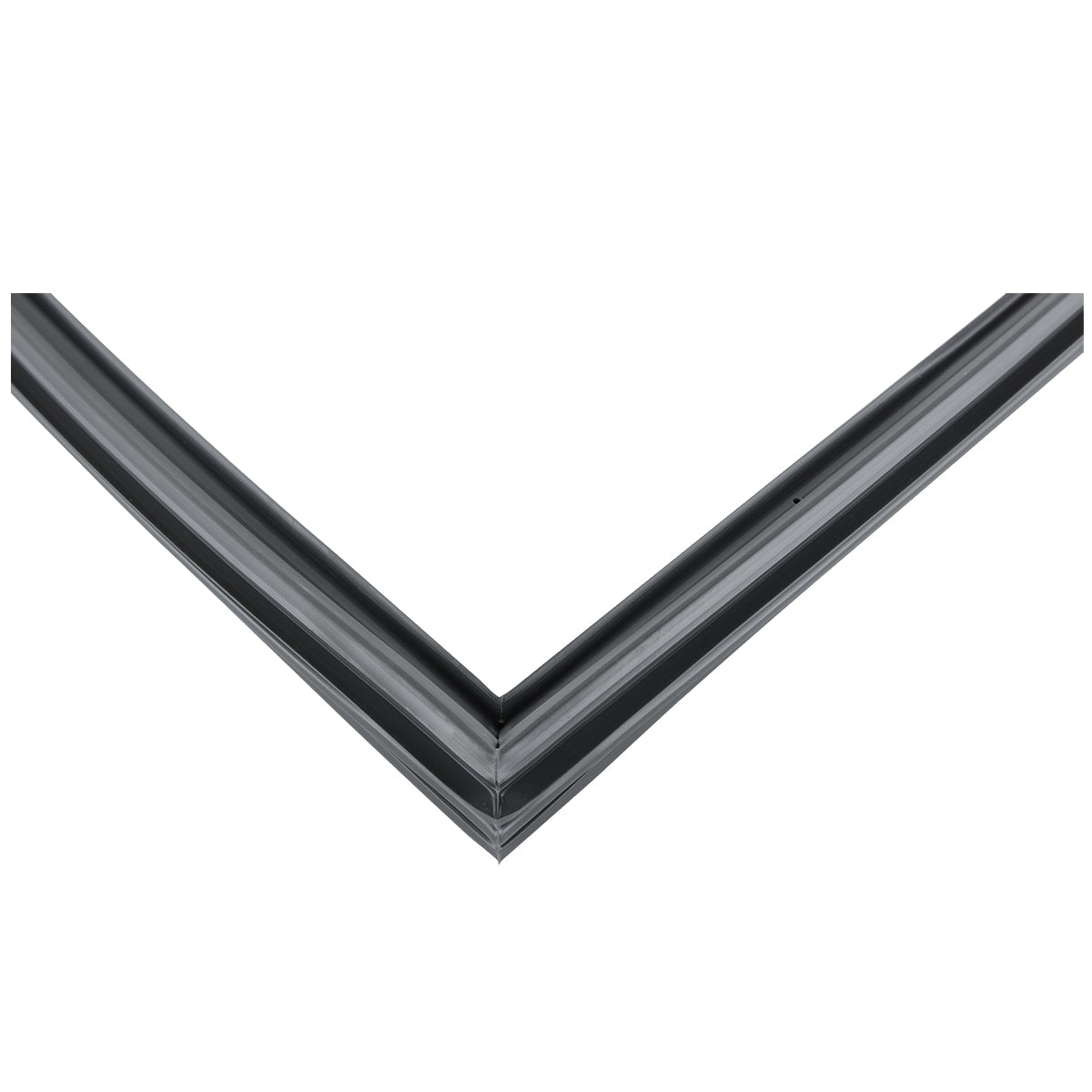 Close-up of the corner of a black Door Gasket, forming a sharp right angle with grooves and flexible structure—likely part of Empura Refrigeration models like E-KPP93, used to seal windows or doors and prevent air or water leakage.