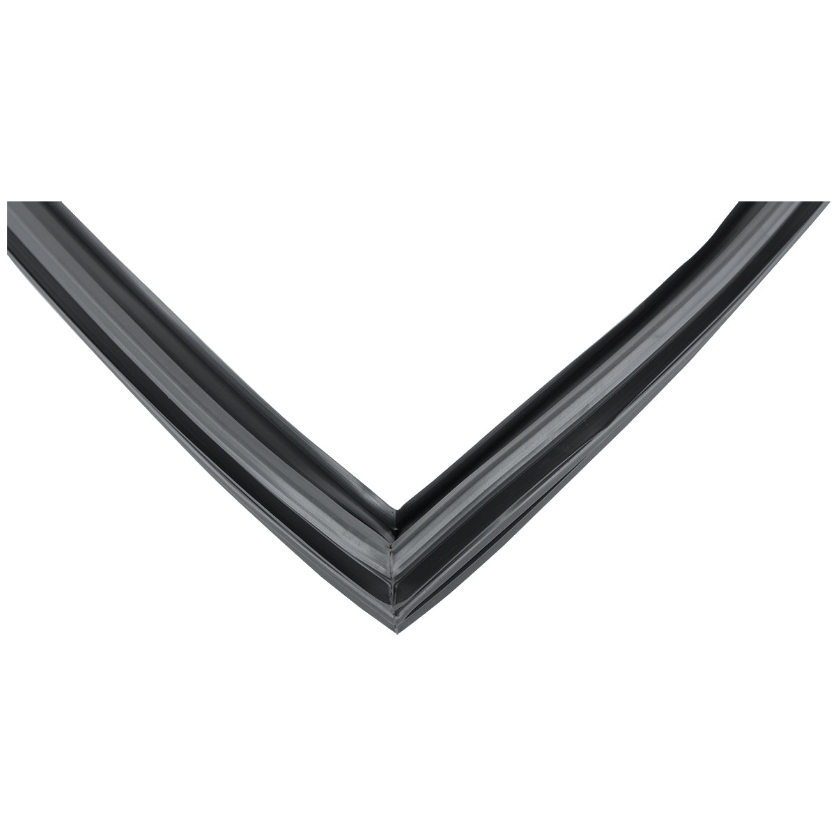 Close-up of an Empura Refrigeration black rubber door gasket, model E-KPP67, forming a sharp V shape against a white background. Its smooth, shiny surface and visible grooves highlight its flexibility and strong sealing properties.