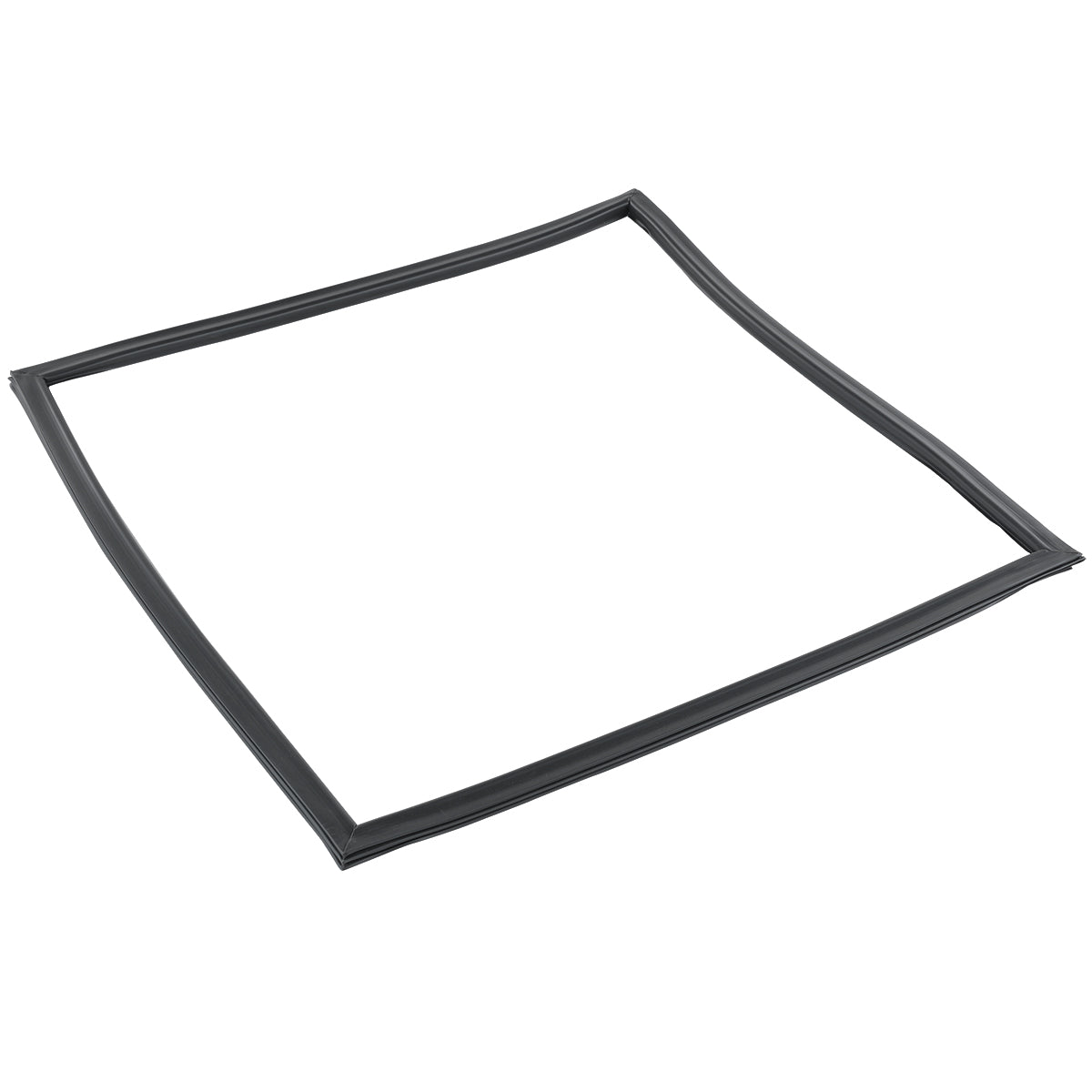 A thin, flexible black rubber gasket or seal—an Empura Refrigeration door gasket—is shaped into a flat square with slightly uneven sides, pictured on a plain white background. Its designed as a barrier or seal for an appliance or container lid.