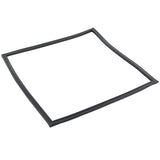 A thin, flexible black rubber gasket or seal—an Empura Refrigeration door gasket—is shaped into a flat square with slightly uneven sides, pictured on a plain white background. Its designed as a barrier or seal for an appliance or container lid.
