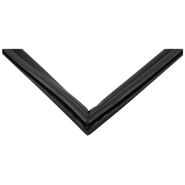 A close-up view of the corner of a black picture frame, forming a sharp right angle against a white background, reminiscent of the clean lines found on Empura Refrigeration units like the EGM-16FB. The image focuses solely on the angled corner.