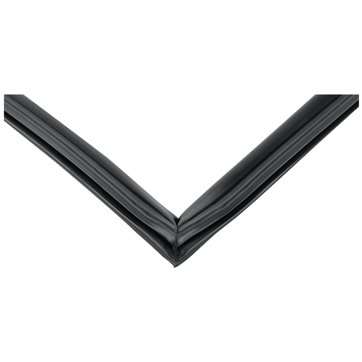 A close-up of an Empura Parts door gasket, bent at a 90-degree angle to form a corner with sharp edges, set against a white background. The strip has a slightly shiny surface and visible seams where the two sides meet.