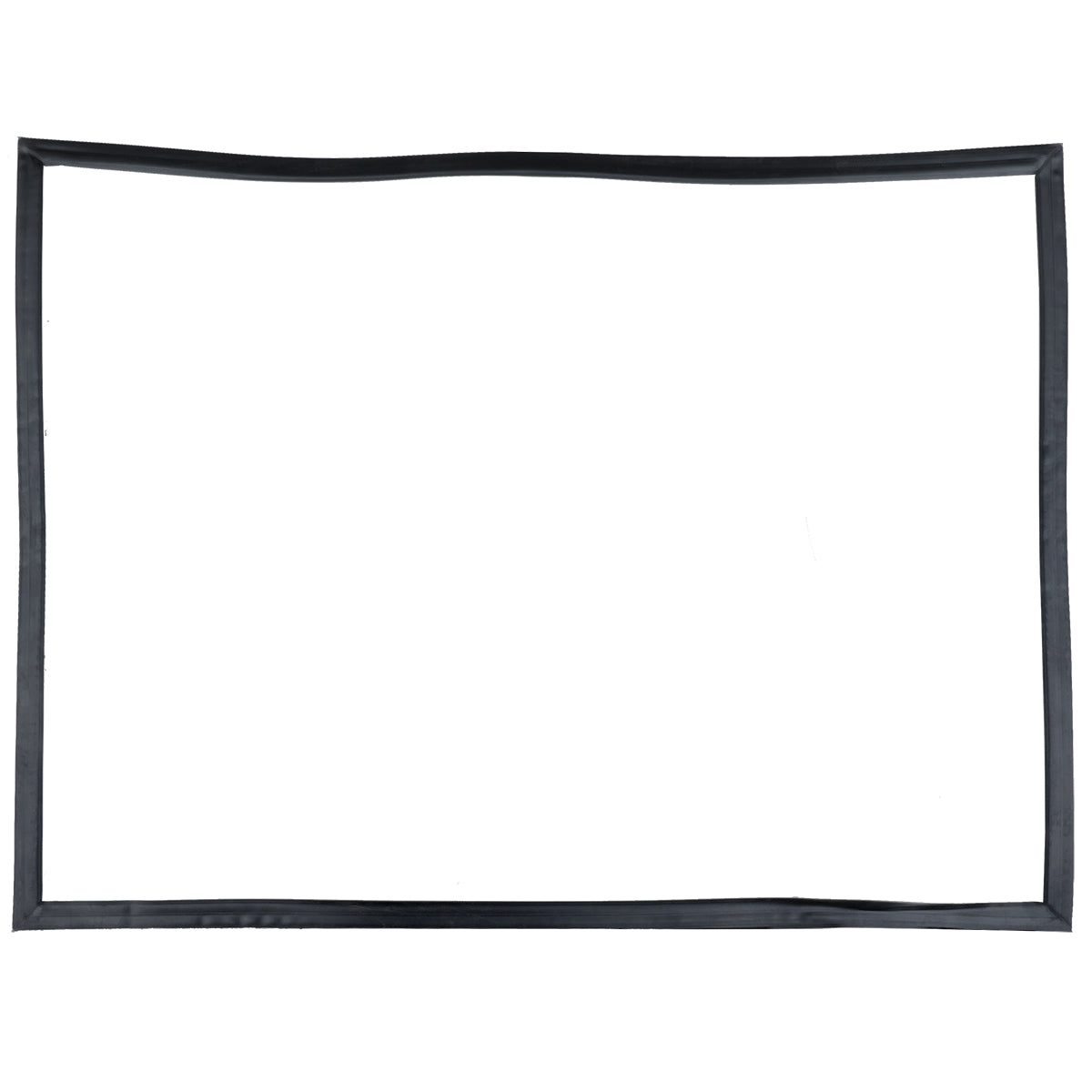 A simple rectangular black frame with slightly uneven edges, resembling a door gasket, is placed on a plain white background. The frame encloses a blank white space, with no additional details or objects inside or around it.