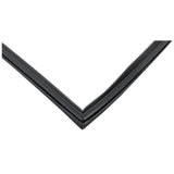 Close-up view of two black rubber weatherstrips, part of the E-KBB602B Door Gasket for Empura Refrigeration, forming a right angle at the corner. The smooth, glossy strips have slightly rounded edges, set against a plain white background.