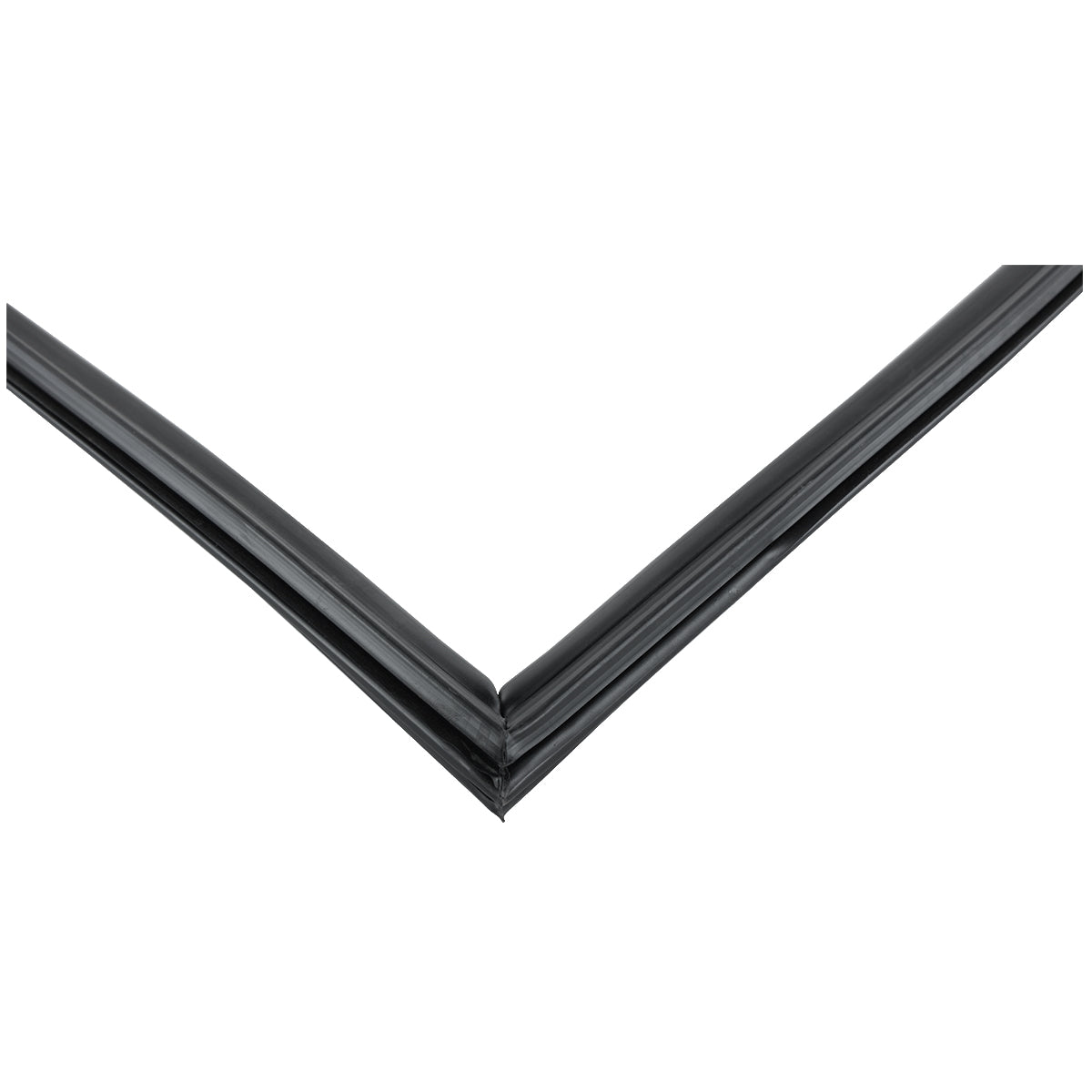 A close-up of two black rubber door gasket strips meeting at a sharp, clean 90-degree angle, forming an inverted “V” shape against a plain white background. The strips have a smooth surface and appear slightly glossy.