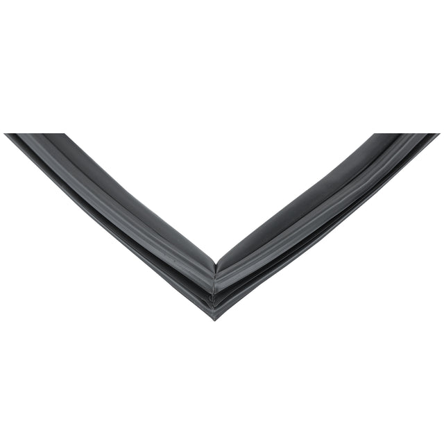 Close-up of a black rubber E-KCBR48 Door Gasket forming a sharp V shape with overlapping edges, likely used as a seal for doors or windows in Empura Refrigeration units. The flexible, smooth material suggests durability and protection against air or water.