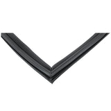 Two black rubber weatherstrips, like the E-KCBR60 Door Gasket used in Empura Refrigeration, meet at a sharp angle to form an inverted “V” shape against a white background. Their grooved texture is ideal for sealing gaps in car doors or windows.