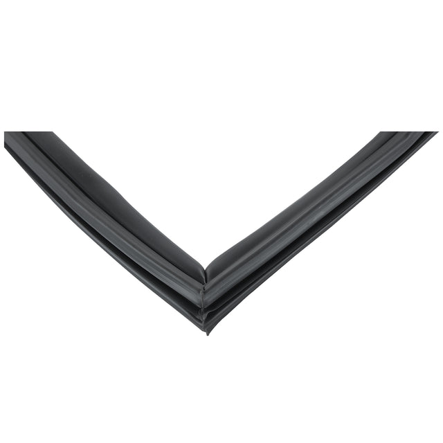 Two black rubber weatherstrips, like the E-KCBR60 Door Gasket used in Empura Refrigeration, meet at a sharp angle to form an inverted “V” shape against a white background. Their grooved texture is ideal for sealing gaps in car doors or windows.