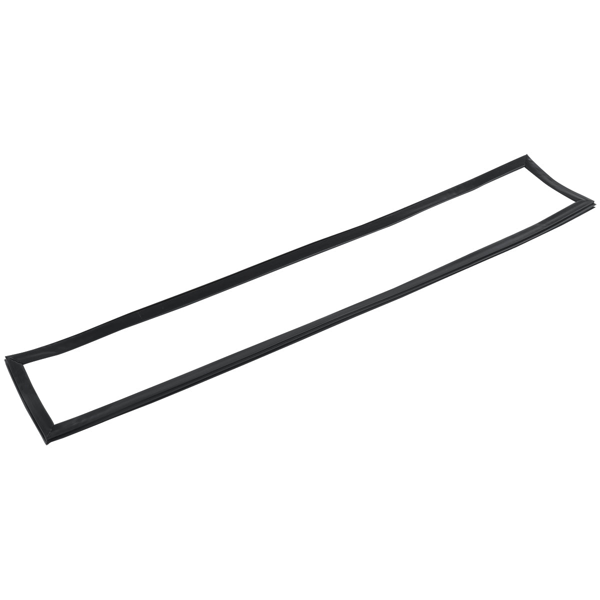 A long, thin, rectangular black rubber gasket—likely an E-KCBR60 Door Gasket for Empura Refrigeration—features slightly curved edges and lies flat on a white background. The flexible material is ideal for sealing or insulation purposes.