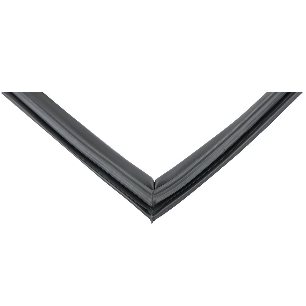 Close-up of a black rubber door gasket, arranged in a V shape pointing downward, showing the flexible, grooved material and smooth texture—ideal for sealing windows, doors, or Empura Refrigeration E-KCBR72 units to block air, water, or dust.