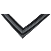 Close-up of the corner of a black or dark gray picture frame with a sleek, modern design, reminiscent of the smooth finish found on Empura Refrigeration units. Its surface features subtle reflective highlights against a plain white background.