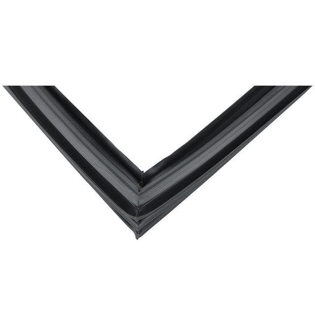 Close-up of the corner of a black or dark gray picture frame with a sleek, modern design, reminiscent of the smooth finish found on Empura Refrigeration units. Its surface features subtle reflective highlights against a plain white background.