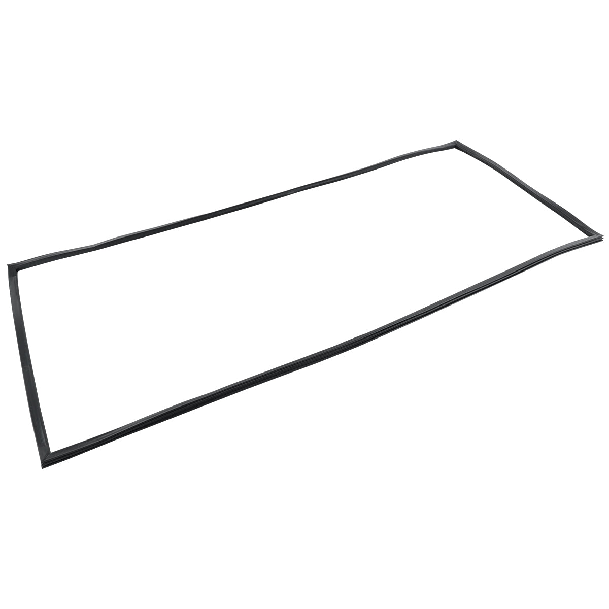 A long, thin, black rubber door gasket with an irregular rectangular shape is shown on a white background. The E-KB25WR gasket appears flexible and is likely used for sealing Empura Refrigeration units, windows, or automotive parts.