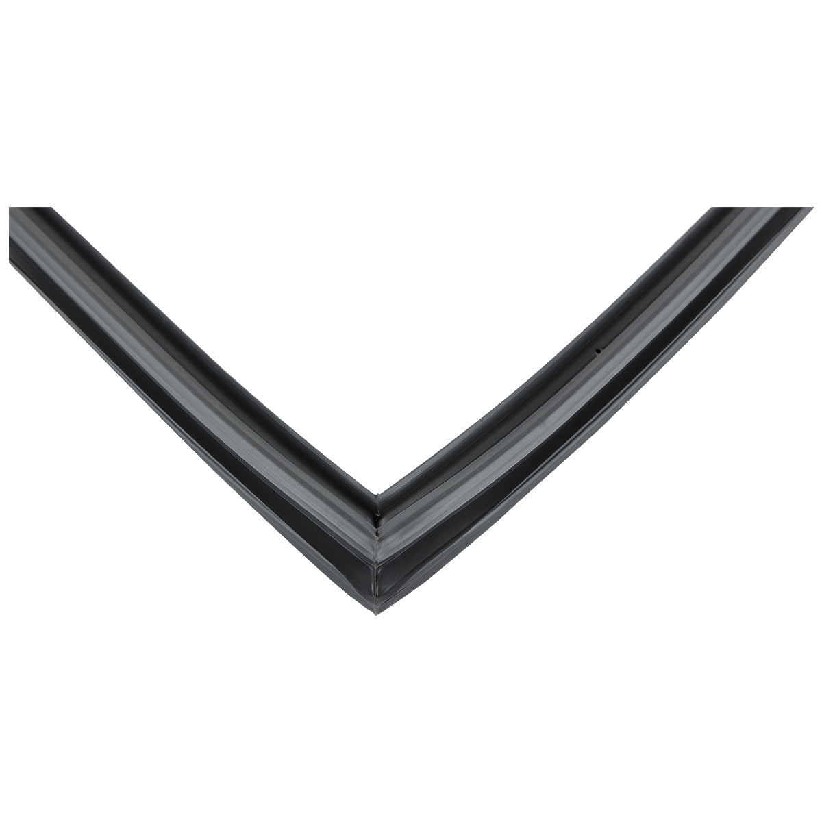 Close-up of a black rubber weatherstripping seal forming a sharp V shape, commonly used as a door gasket for windows or doors to prevent air and water leaks. The image highlights the smooth texture and angled edges against a white background.