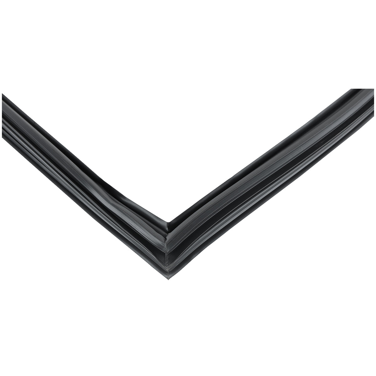 Close-up view of a black door gasket, commonly used in Empura Refrigeration units. The weatherstripping seal shows grooved and ridged strips meeting at a right angle, set against a white background.