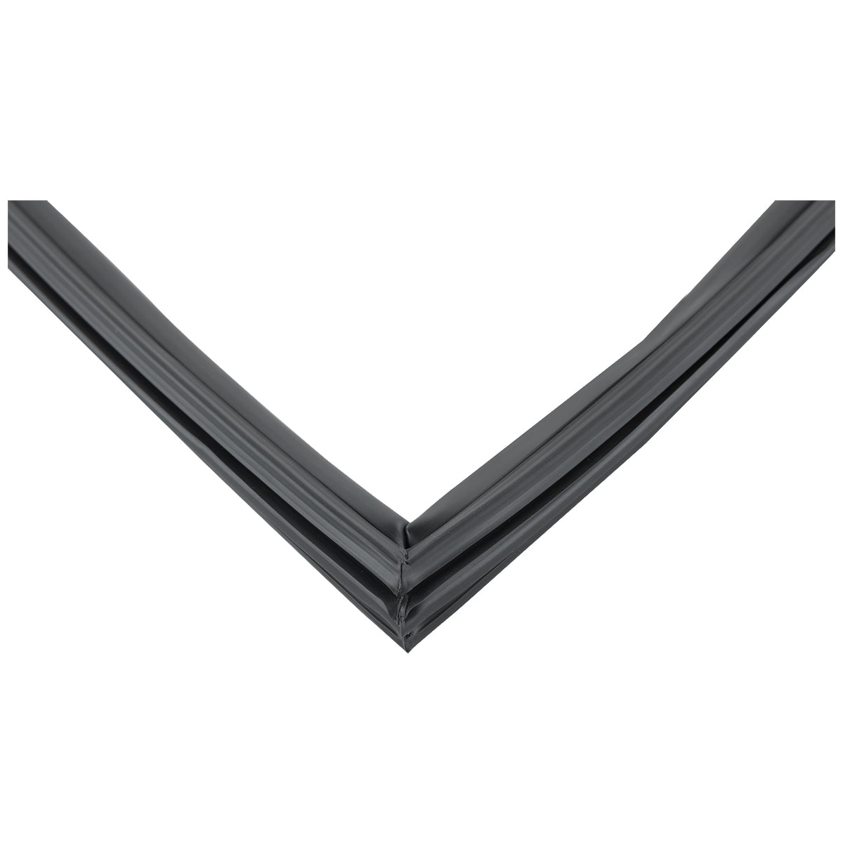 Close-up of a black, V-shaped object against a white background, resembling an Empura Refrigeration Door Gasket for model E-KB35R, with sharp, clean edges and a glossy surface. The lines are straight and meet precisely at the lower center point.