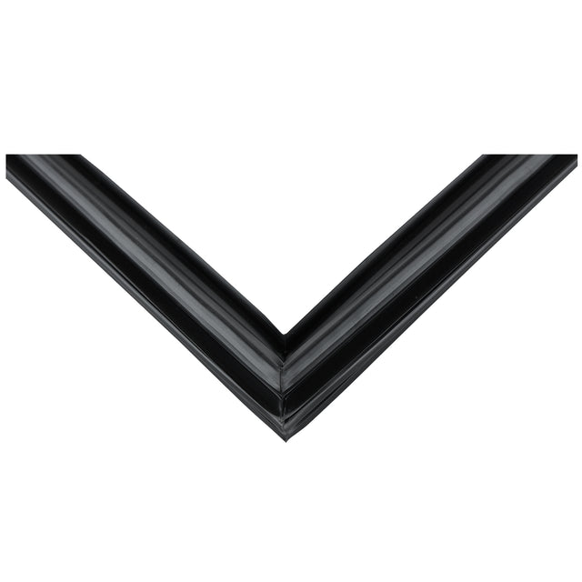 A close-up view of a black picture frame corner, shown at a right angle. The frame’s glossy finish and subtle ridges evoke the sleek, modern design seen in Empura Refrigeration or E-KDD1 Door Gasket components against a white background.