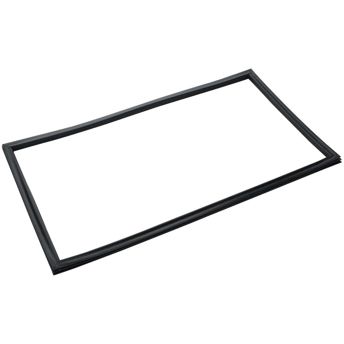 A thin, rectangular black Door Gasket with rounded edges is laid flat against a white background. This Empura Parts gasket has a smooth texture and consistent width, ideal for sealing applications like doors, windows, or Empura Refrigeration units.