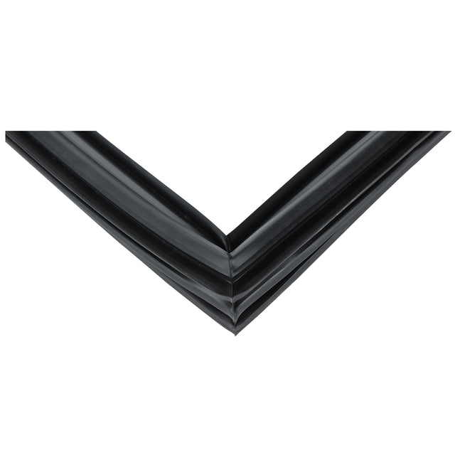 A close-up image of a black rubber Door Gasket, commonly used in Empura Refrigeration, shown forming a sharp right angle with two straight strips joined together, set against a plain white background. The material has a smooth, slightly glossy texture.