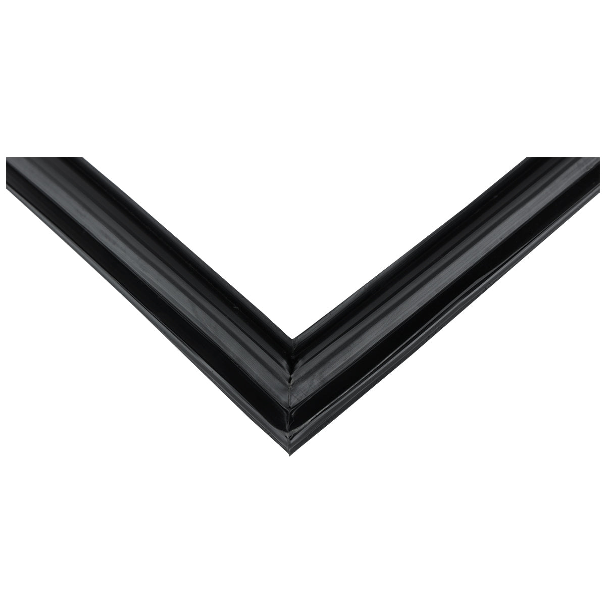 Close-up of a black, glossy picture frame corner forming a right angle, highlighting the smooth surface and joined edges—similar in finish to Empura Refrigeration’s E-KDD3-1 Door Gasket. The modern frame has sharp lines and a reflective finish against a plain white background.